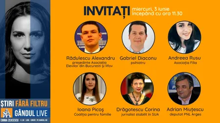 GÂNDUL LIVE. Psihiatrul Gabriel Diaconu și jurnalista Corina Drăgotescu se află printre invitații Emmei Zeicescu, pe 3 iunie, de la ora 11.30