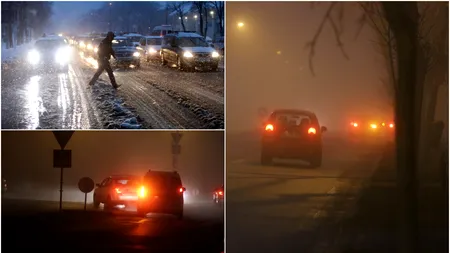 Pe mai multe drumuri din țară se circulă în condiții de ninsoare sau de ceață, luni dimineață. Care sunt județele afectate