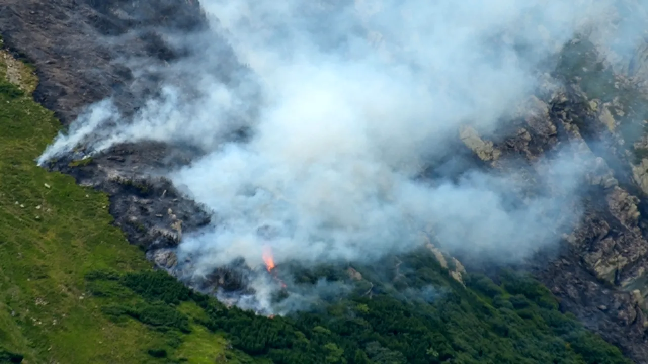 Incendiu în Masivul Postăvarul. Zeci de pompieri transportă srecipiente de apă cu ranița pentru a stinge flăcările