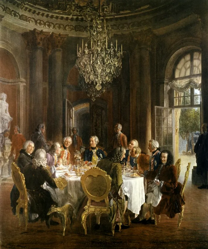 Regele Frederic cel Mare și musafirii săi (printre care și Voltaire și Algarotti la Palatul Sanssouci - Pictură din 1850 realizată de Adolph Menzel 
