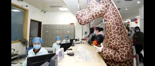 O femeie a adus puțină veselie într-un spital din China, după ce a apărut îmbrăcată cu un costum de girafă - VIDEO