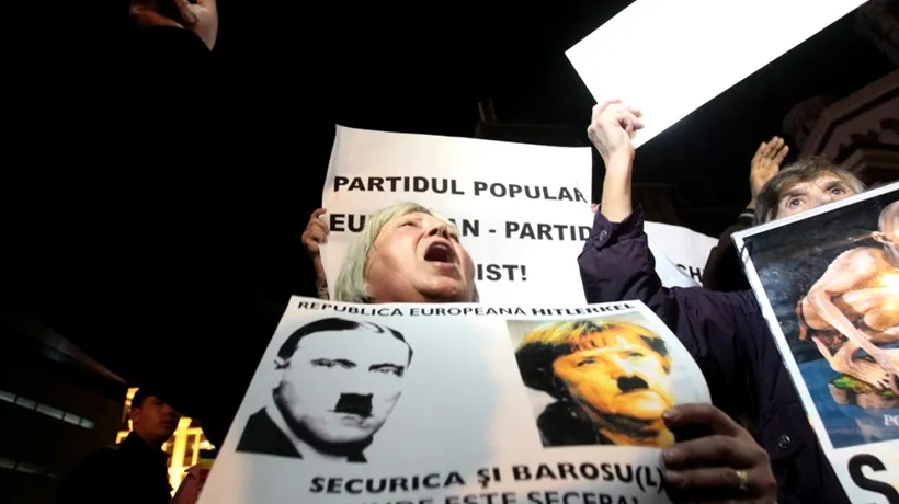 Câteva zeci de persoane protestează în fața restaurantului unde cinează liderii PPE. Galerie FOTO