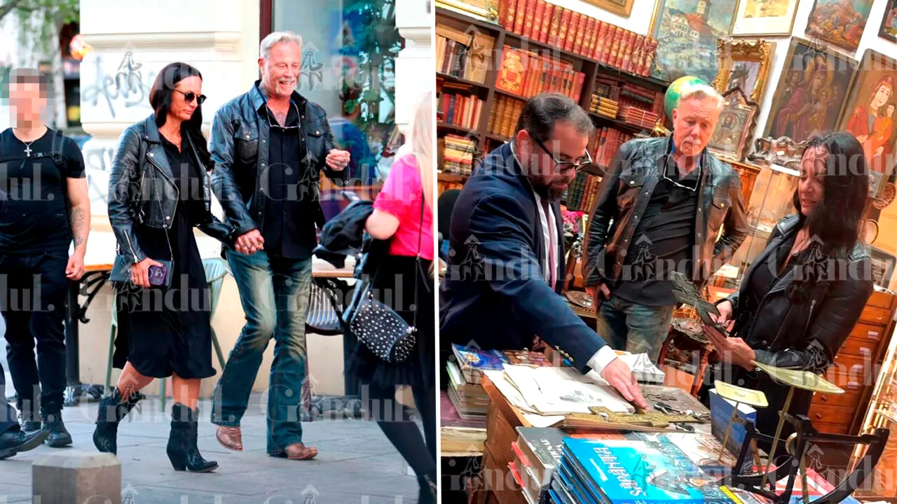 Solistul Metallica, la plimbare prin centrul Capitalei înaintea concertului de mâine. A fost surprins alături de logodnică într-un anticariat faimos