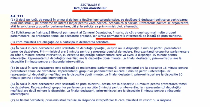 Regulamentul Camerei Deputaților care prevede obligativitatea participării șefului Executivului la „Ora prim-ministrului”.