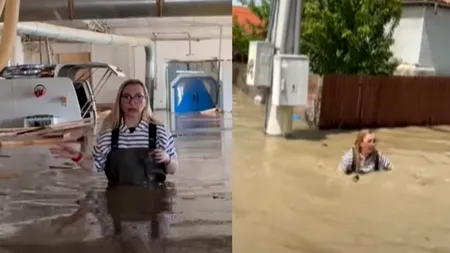 Momentul în care o jurnalistă de la România TV se PRĂBUȘEȘTE într-un canal dintr-o localitate inundată, chiar în timpul transmisiunii