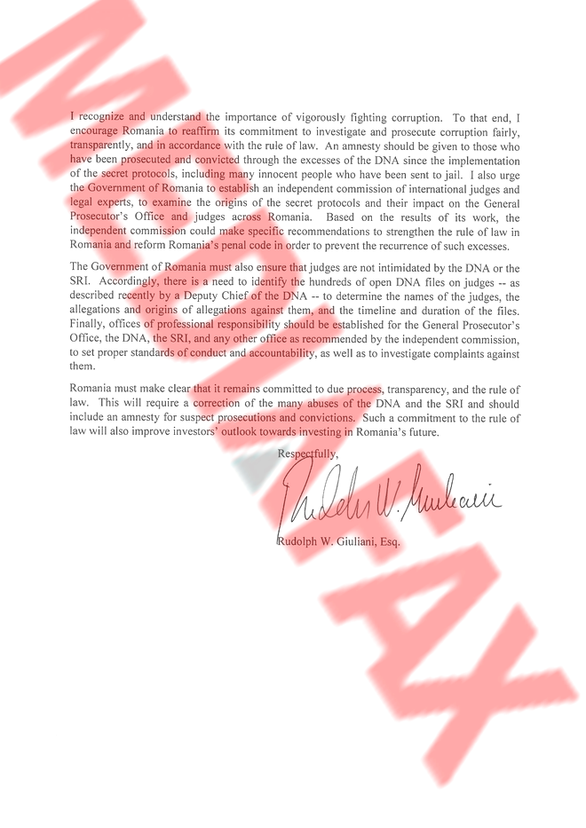 Scrisoarea lui Rudolph Giuliani către președintele Klaus Iohannis