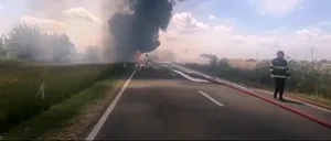 Imagini terifiante. Un șofer a fost CARBONIZAT în urma unui impact cu o cisternă! Ambele vehicule au ars până la fier