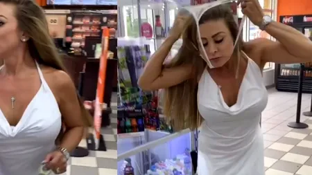 INCENDIAR! Și-a dat bikinii jos și i-a pus pe față în loc de mască! Soluția găsită de un model Playboy pentru a intra în magazin (VIDEO)