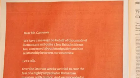 Pagina 8 din The Guardian. MESAJUL ROMÂNILOR către premierul David Cameron
