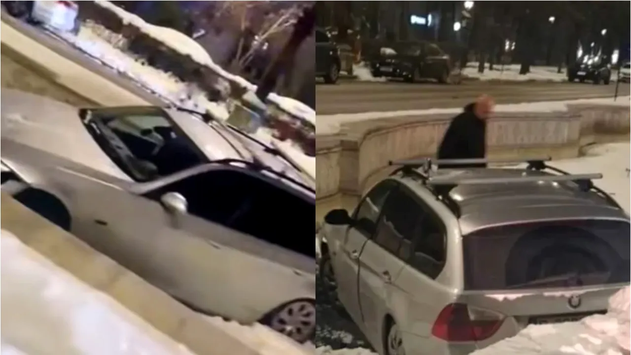 Un șofer a plonjat cu BMW-ul într-una dintre fântânile din Piața Unirii, după ce ar fi derapat pe carosabil