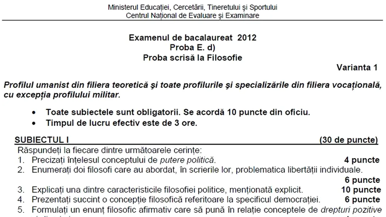 BAC 2012 SESIUNEA TOAMNĂ. SUBIECTE FILOSOFIE, sesiunea a doua