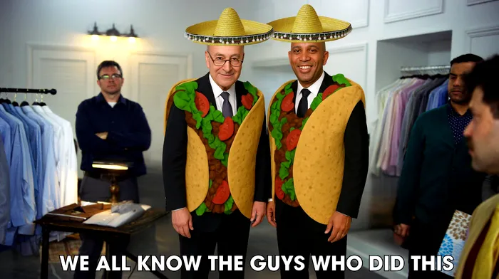 Casa Albă îi satirizează pe liderii democrați, Hakeem Jeffries și Chuck Schumer, reprezentați cu pălărie sombrero și costum tacos Foto: X
