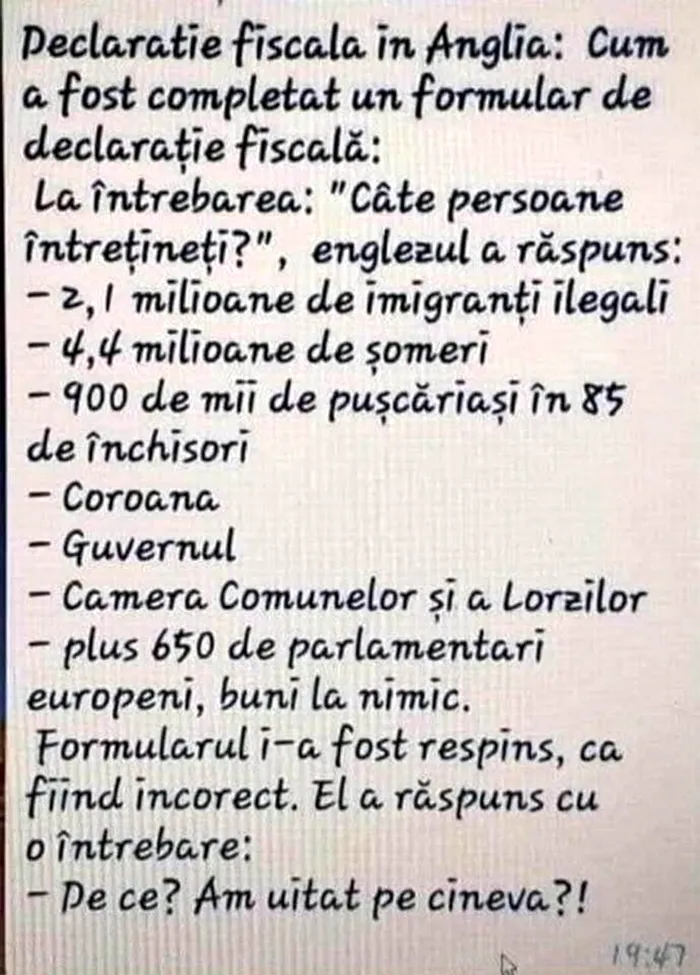 BANCUL ZILEI  Declarație fiscală în Anglia
