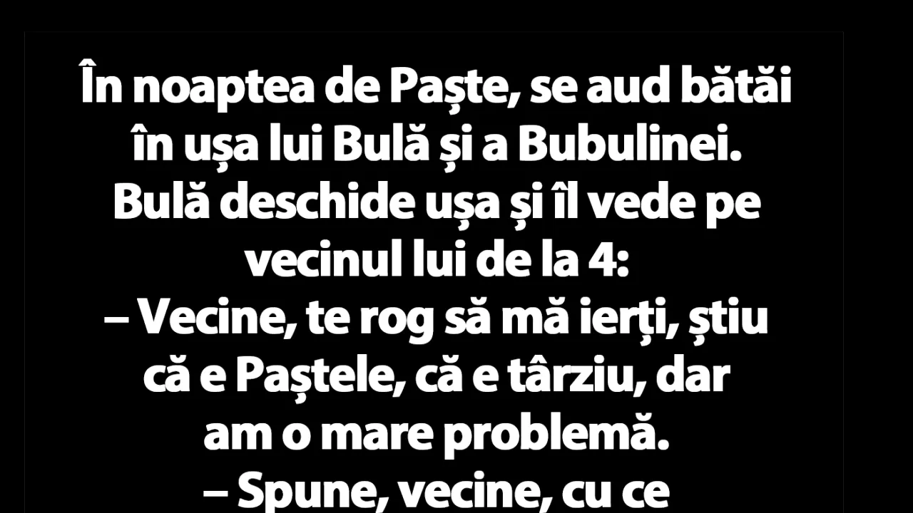 BANC | În noaptea de Paște, se aud bătăi în ușa lui Bulă și a Bubulinei