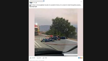Imaginea virală cu pompierii români care stau întinși pe asfalt, epuizați, după ce au luptat cu flăcările, este falsă. Ce transmite IGSU