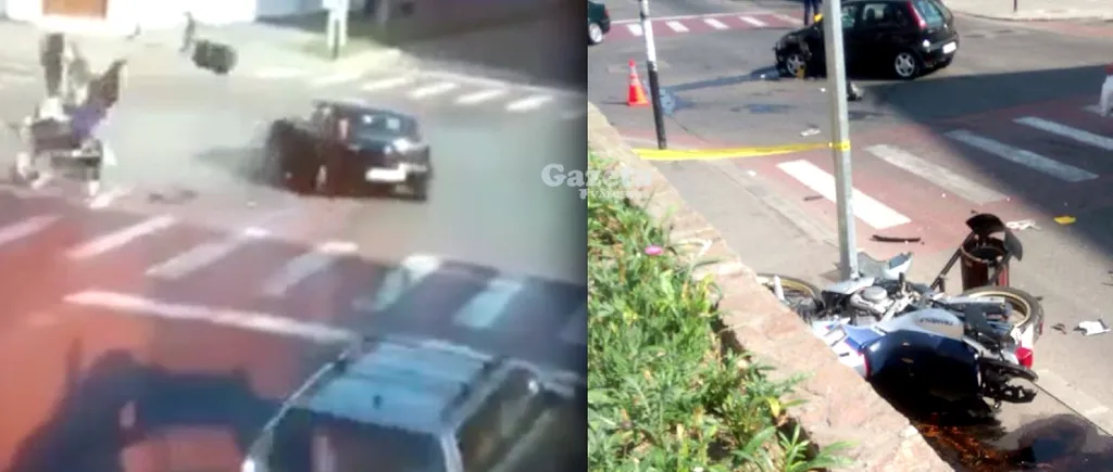 VIDEO cu un motociclist aruncat în aer de o mașină, în Drăgășani. Imagini ce vă pot afecta emoțional!