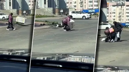 Imagini virale. O femeie a căzut pe trecerea de pietoni, în timp ce un bax de polistiren se apropia „amenințător” de ea