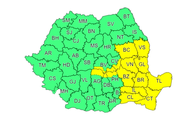 Cod galben de vânt și ploi în sud-estul României