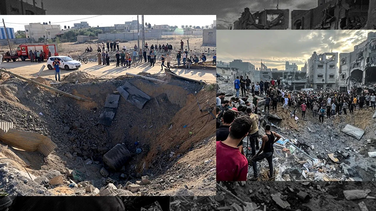 Craterele bombardamentelor din Gaza se văd 