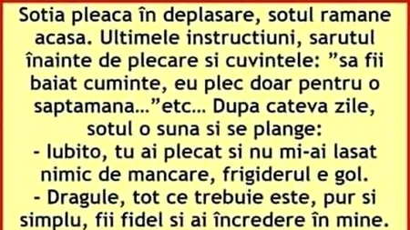 BANCUL de vineri | Soția pleacă în deplasare, soțul rămâne acasă pentru o săptămână