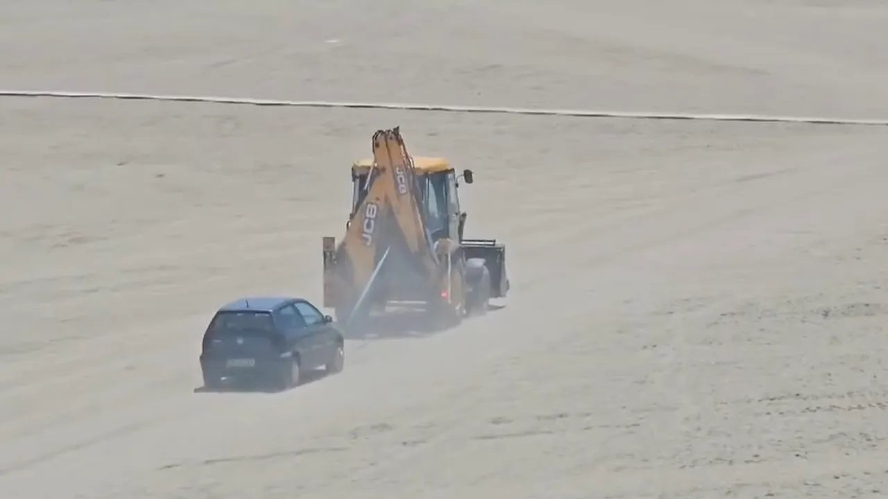 Se întâmplă în România! Un şofer a rămas cu maşina ÎNȚEPENITĂ în nisip, pe plaja din Eforie Nord. Ce amendă riscă bărbatul