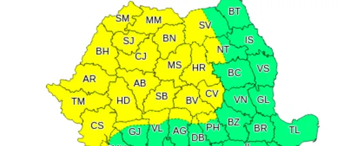 Avertizare meteo. COD GALBEN în 23 de județe ale țării