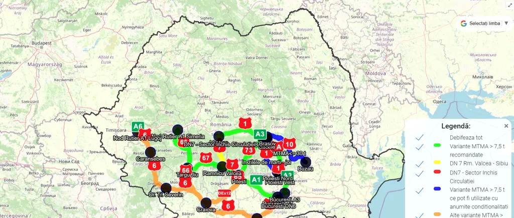 Harta cu informații în timp real despre aglomerația pe rutele ocolitoare ale DN 7, după ce traficul pe Valea Oltului se închide din 8 iulie