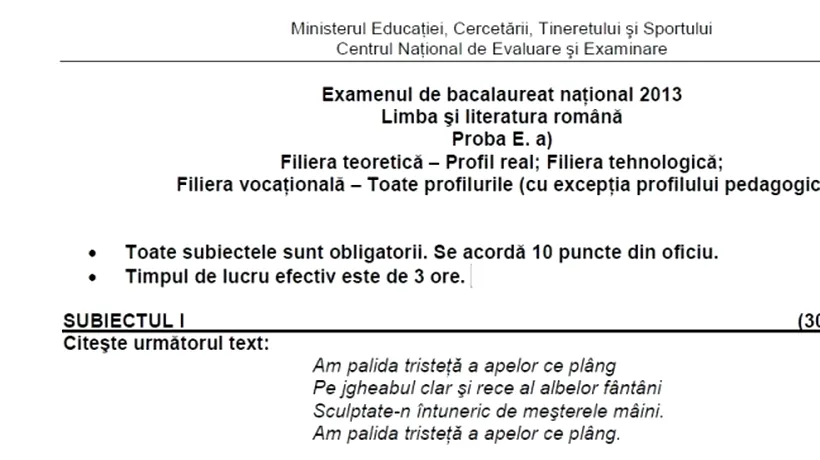 BACALAUREAT 2013. Subiecte la română proba scrisă propuse pentru BAC 2013 