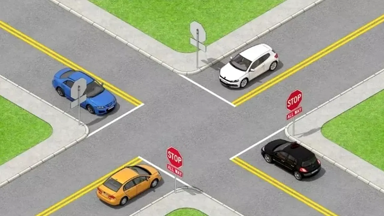 Testul pe care mulți șoferi îl pică. În ce ordine vor trece mașinile în intersecția din imagine
