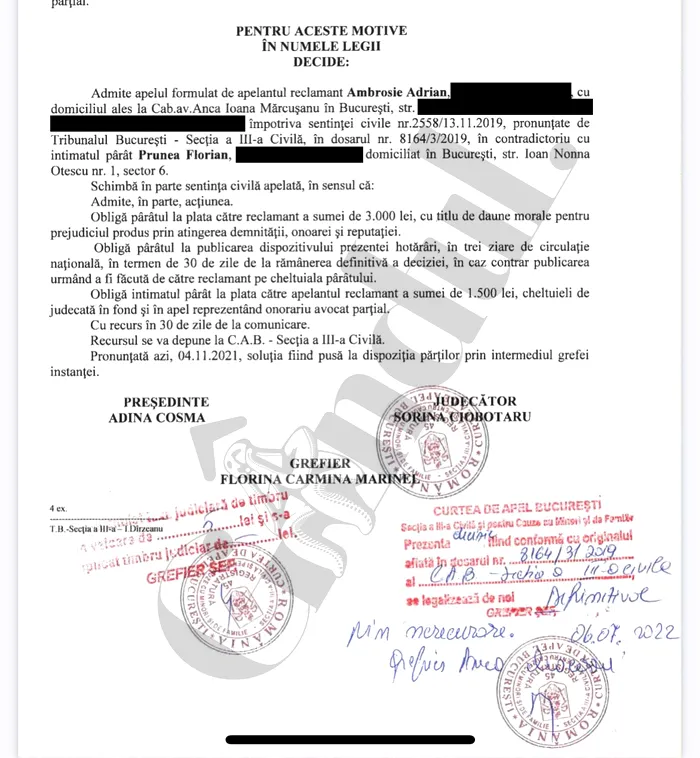 Fostul mare fotbalist Florin Prunea, obligat de instanță să îi plătească daune morale lui Adrian Ambrosie. 