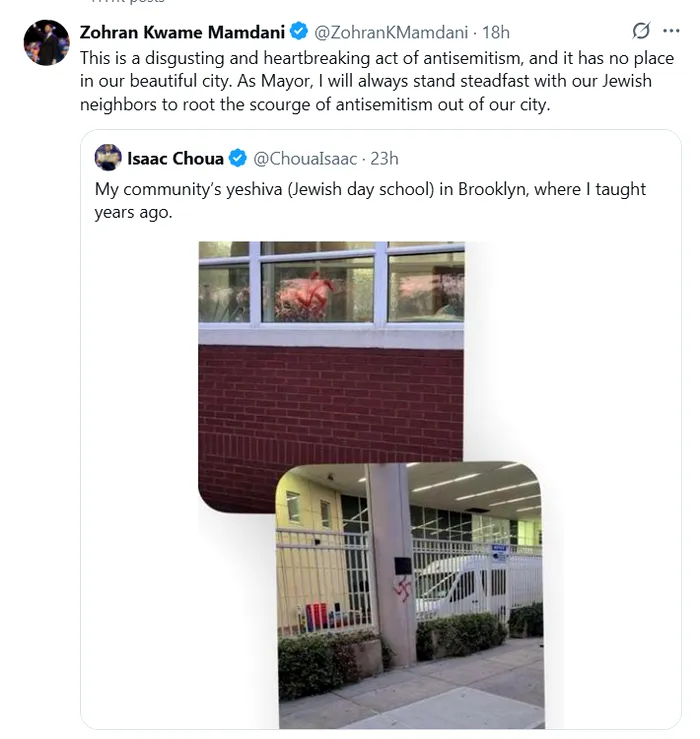 Primarul Zohar Mamdani a condamnat vandalizarea centrelor evreiești din cartierul Brooklyn FOTO: captură X