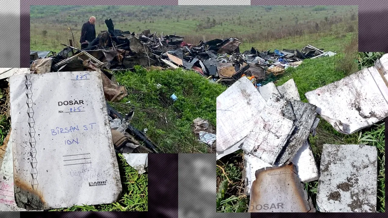 INCREDIBIL. Acte ale Primăriei Pleșoi, Dolj, care a luat foc luni, au fost găsite aruncate pe câmp joi