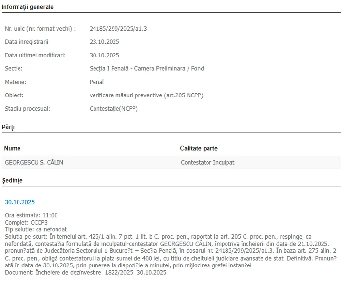 minuta Tribunalului București publicată pe Portalul Instanțelor de Judecată