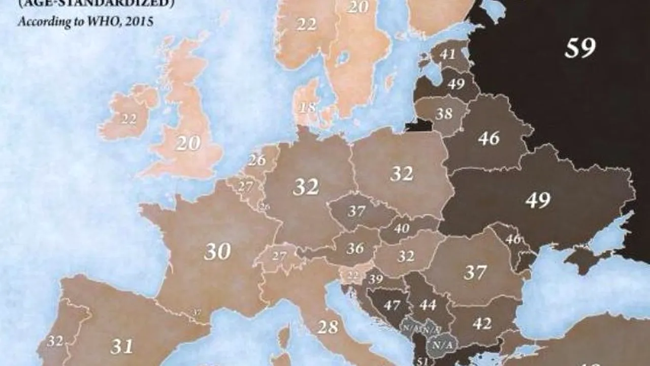 Harta europeană a fumătorilor. Care este țara cu cei mai mulți bărbați fumători și unde se situează România