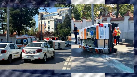 Accident lângă Cotroceni: O ambulanță aflată în MISIUNE s-a răsturnat. Două persoane au fost rănite