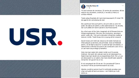 USR se delimitează parțial de postarea lui Claudiu Năsui: „Cercetarea merită respect – bani pentru performanță, nu pentru sinecuri”