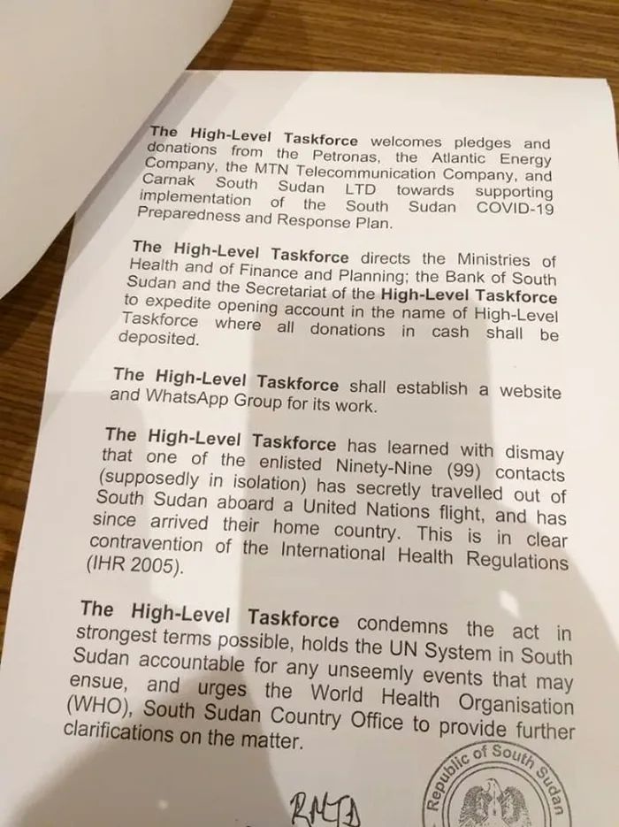 Documentul emis de autoritățile din Sudanul de Sud 