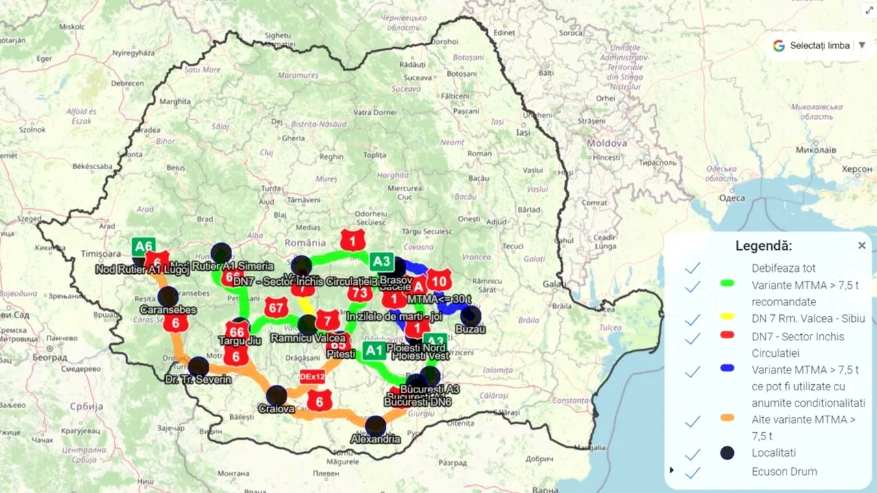 Harta cu informații în timp real despre aglomerația pe rutele ocolitoare ale DN 7, după ce traficul pe Valea Oltului se închide din 8 iulie