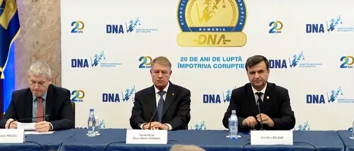VIDEO | 20 de ani de DNA. <i class='ep-highlight'>Klaus</i> <i class='ep-highlight'>Iohannis</i>: „Instituția a devenit un reper în Europa” / Crin Bologa: „Avem în lucru dosare cu prejudicii de 4 miliarde de euro” / Cătălin Predoiu: „DNA este un câștig instituțional uriaș pentru statul român”