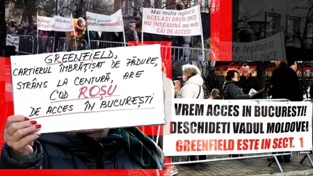 EXCLUSIV VIDEO | Zeci de locuitori ai cartierului Greenfield Băneasa au protestat la Primăria Sectorului 1. „Copiii mei au pături în mașină și dorm o oră și ceva până ajungem la grădiniță și la școală. Primarul Clotilde Armand nu ne respectă”