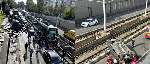 Linia tramvaiului 41 din Capitală, BLOCATĂ timp de 80 de minute după ce o mașină s-a răsturnat pe șine