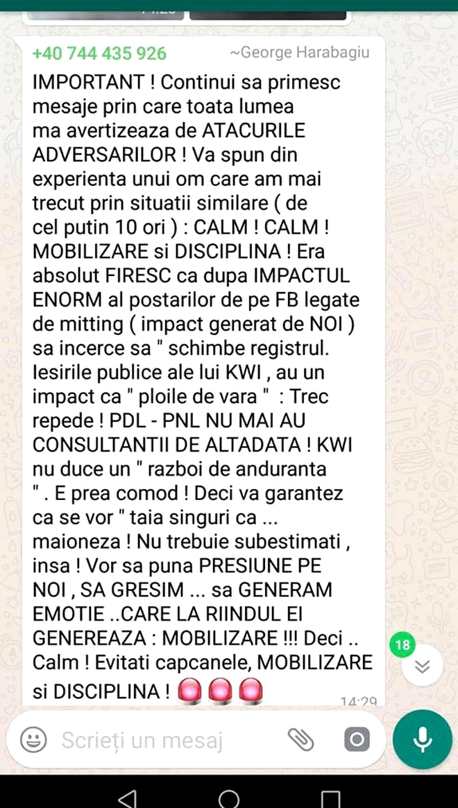 Mesaj postat de George Harabagiu pe un grup PSD de pe WhatsApp
