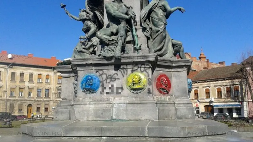 Statuia Libertății din Arad, vandalizată. Monumentul maghiar a fost vopsit parțial în culorile drapelului românesc