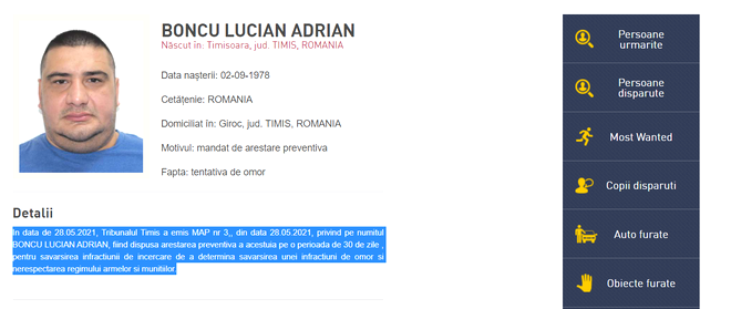 Lucian Boncu, dat în urmărire de Poliția Română