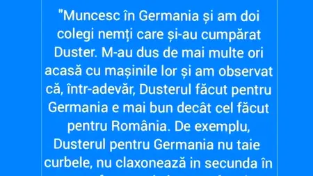 Bancul de vineri | De ce DUSTERUL făcut pentru Germania e mai bun decât cel făcut pentru România