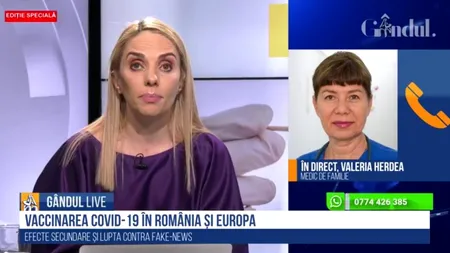 Webinar Gândul și Medici pentru România. Valeria Herdea, medic de familie: „Le-am spus oamenilor că mă vaccinez și i-am îndemnat să facă acest pas. Singurele noastre dovezi sunt cele științifice” - VIDEO