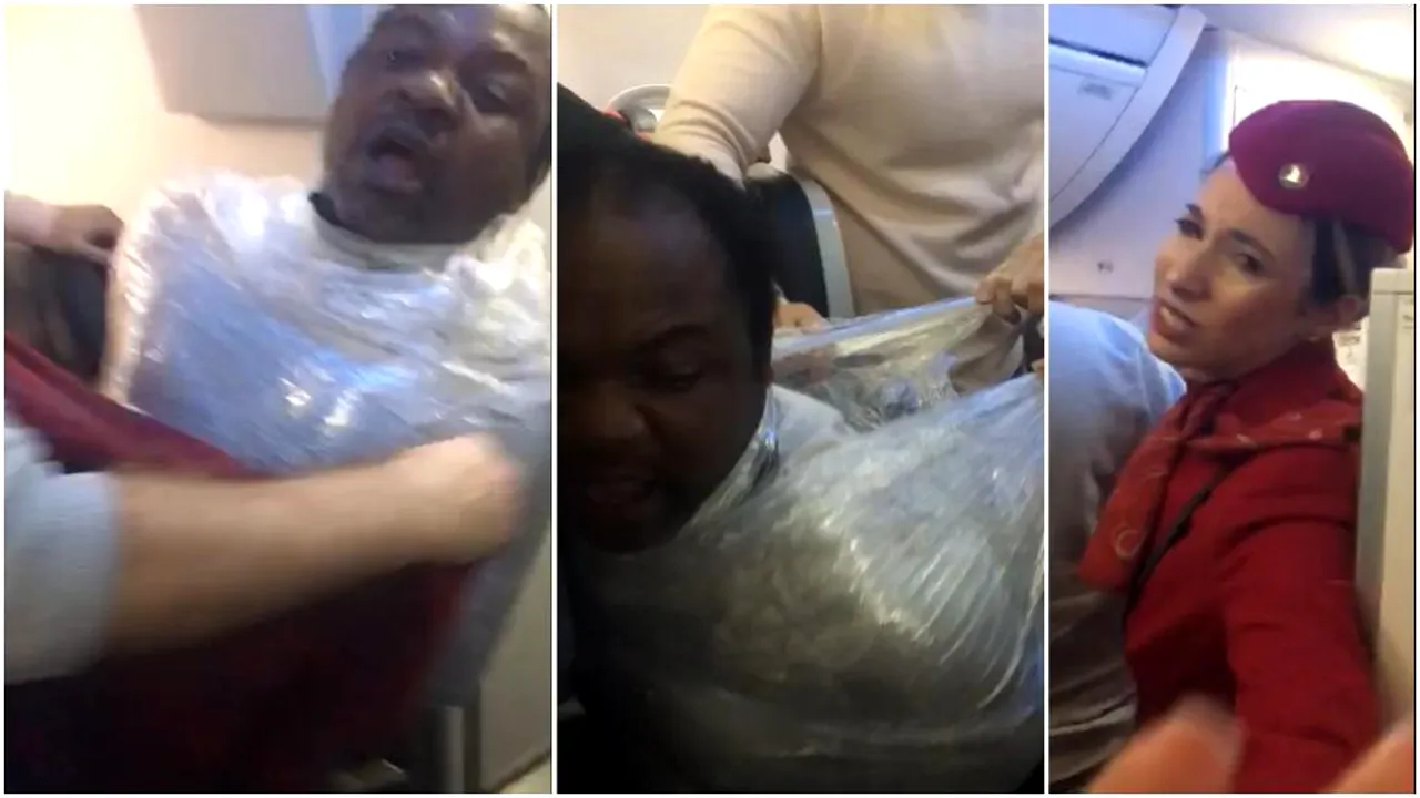 Scene șocante într-un avion Turkish Airlines. Pasager, tratat ca bagaj: a fost împachetat în plastic și legat cu scotch