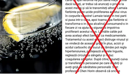 Dezinformare cu zeci de mii de distribuiri pe internet: „Apa cu lămâie protejează împotriva COVID-19