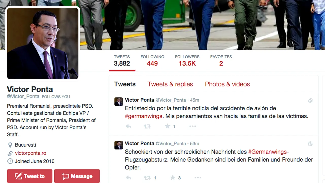 Ponta transmite mesaje în spaniolă, germană și franceză pentru victimele accidentului Germanwings
