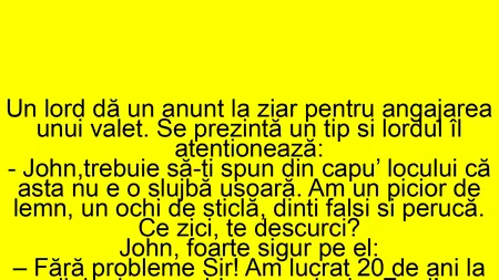 Bancul de sâmbătă | Un lord dă anunț la ziar pentru angajarea unui valet